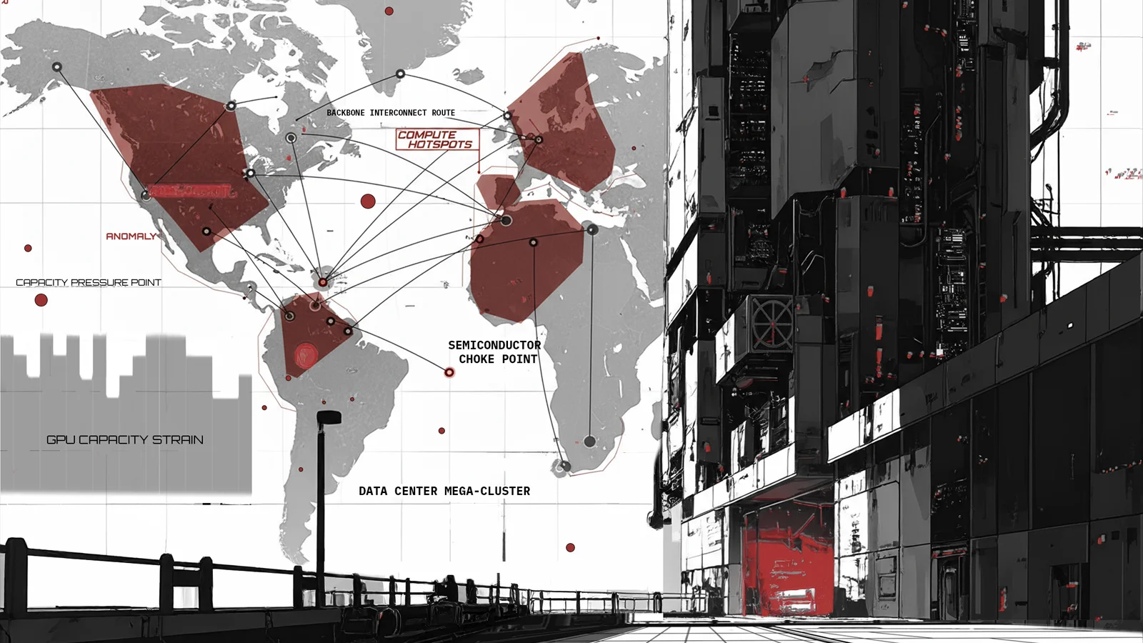 Dark strategic visualization of AI data centers, GPU clusters, energy grids, and geopolitical control points.