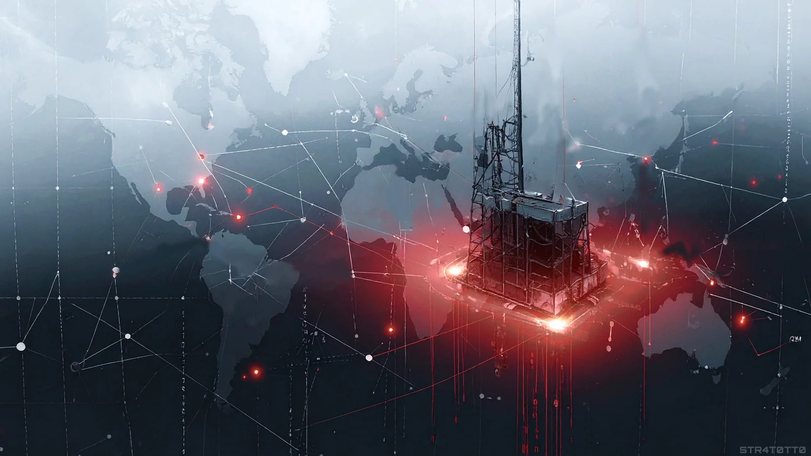 Dark abstract financial infrastructure with crypto transaction flows crossing fragmented regulatory boundaries.