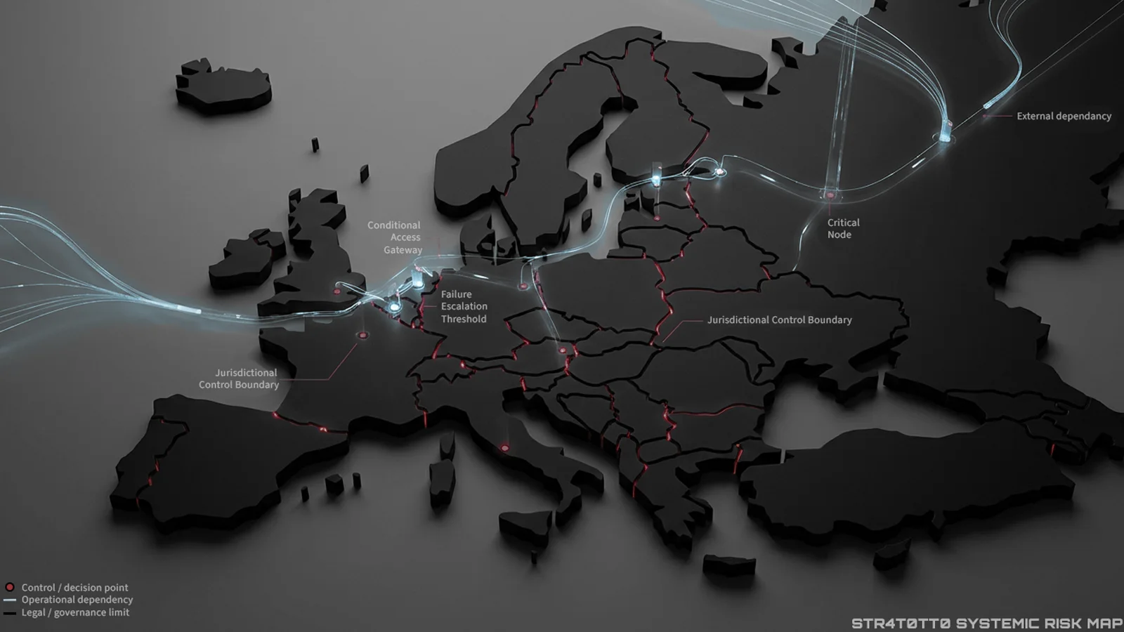 Infrastructure numérique européenne abstraite sous pression juridictionnelle, représentant la dépendance cloud comme un risque de gouvernance.